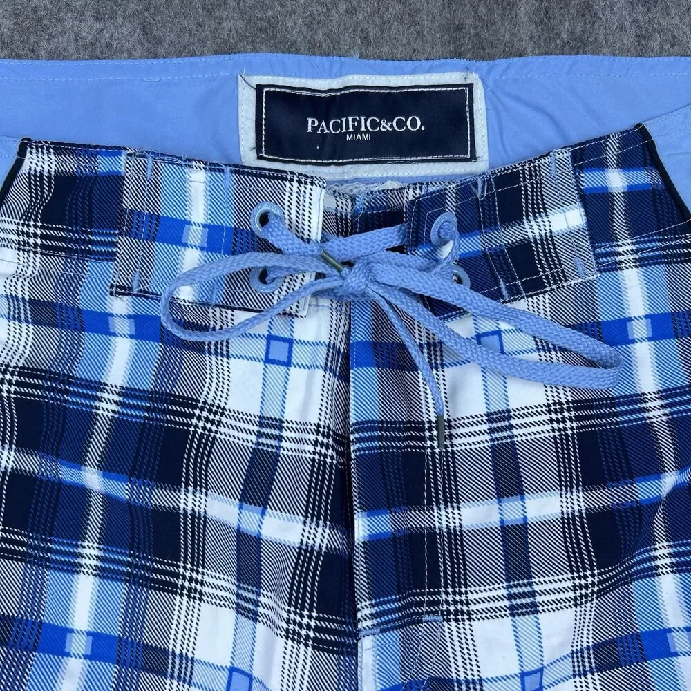 Pacific and Co Men's Swim Trunks Light Blue Black Plaid Board Shorts Size XL